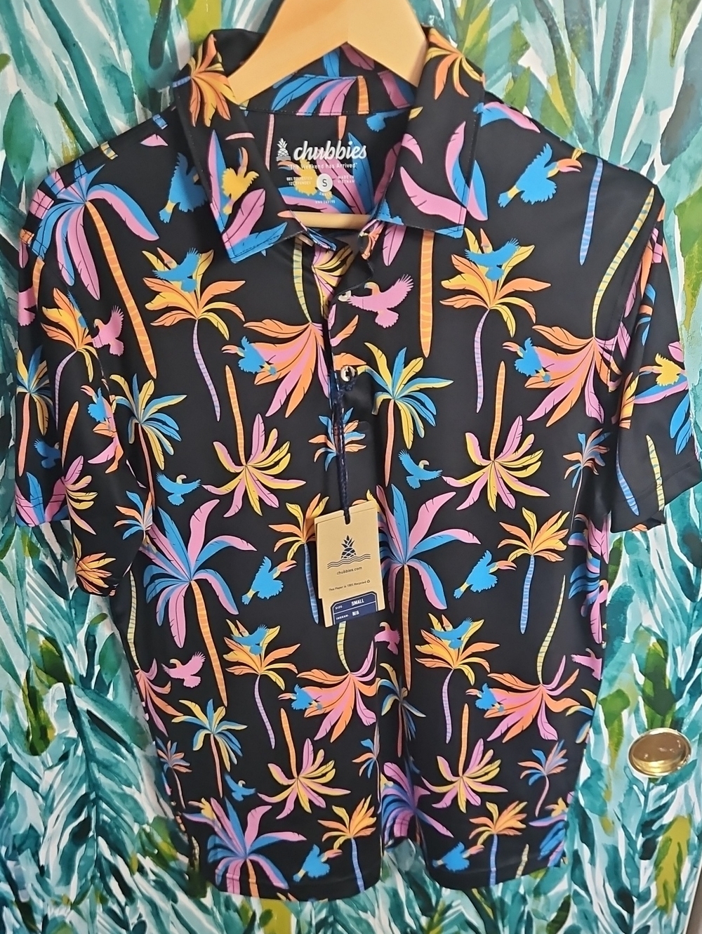 chubbies Black Light Night Short Sleeve Tropical Print Golf Polo - Size S - NWT